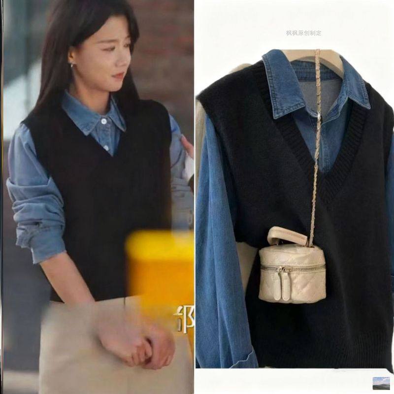 短剧朝阳似我梁雯晶阮朝阳同款黑色针织马甲背心内搭叠穿无袖毛衣