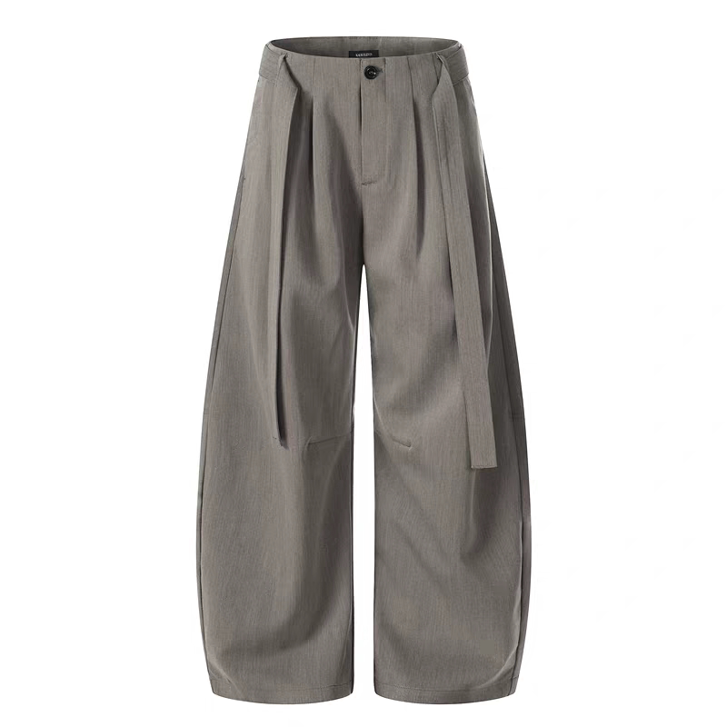thumbnail for Old money wind Japanese gray khaki streamer frosty belt kendo pleated low waist loose wide-leg scimitar slacks