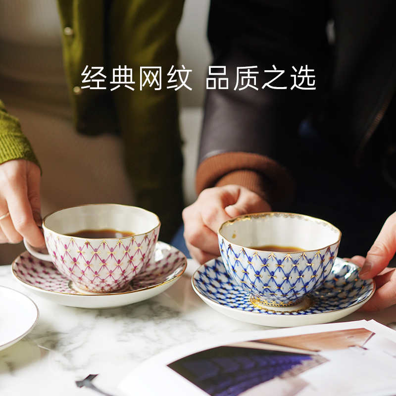 俄皇LOMONOSOV钴蓝网纹手绘茶具