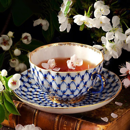 俄皇LOMONOSOV钴蓝网纹手绘茶具