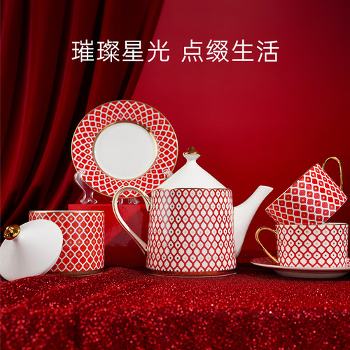 俄皇LOMONOSOV骨瓷欧式高档精致咖啡杯碟STAR红色系列下午茶茶具