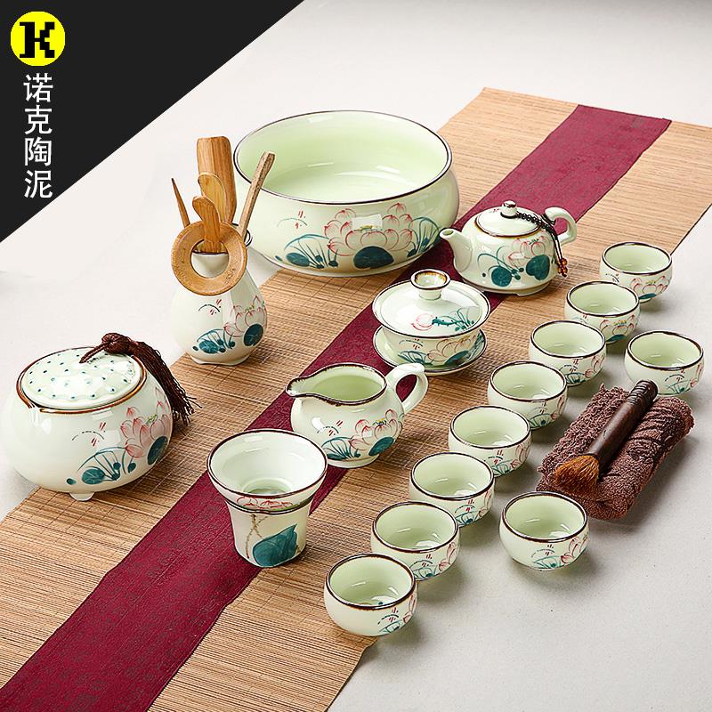 家用景德镇手绘功夫茶具整套青瓷茶壶手工荷花陶瓷套装青花瓷茶杯