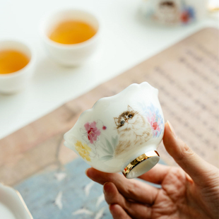 羊脂玉瓷猫咪描金茶杯主人杯大号女士茶具高档可爱粉彩花瓣品茗杯