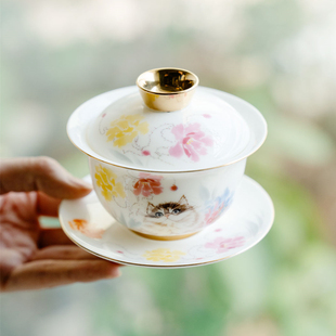 猫咪三才盖碗茶杯女士不烫手粉彩圆融带盖泡茶碗单个家用高档茶具