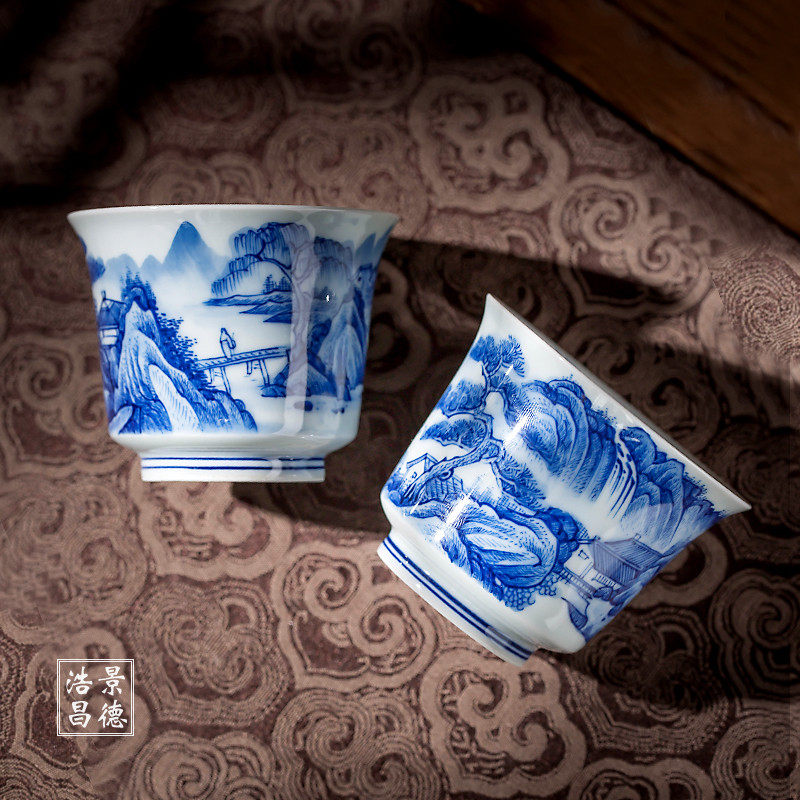 景德镇手绘青花瓷山水马蹄茶杯 彷古陶瓷主人杯单个功夫茶杯茶具