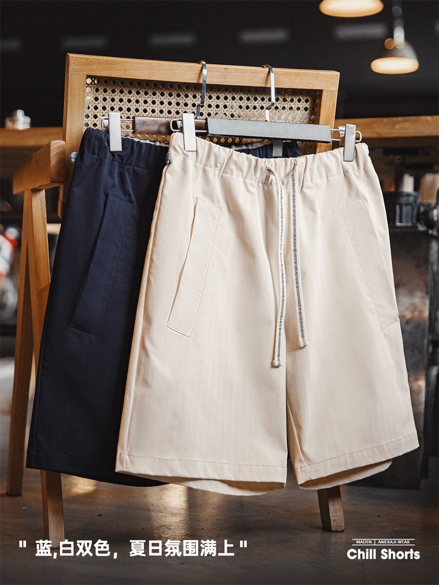 MADDEN CARGO AMERICAN CASUAL WOVEN TWILL TEXTURE SHORTS ELASTIC WAIST DRAWSTRING SOLID COLOR STRAIGHT CROPPED PANTS MENS SUMMER