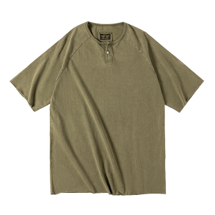 马登工装 日系复古做旧亨利领弹力修身短袖咔叽美式硬汉T恤衫男夏