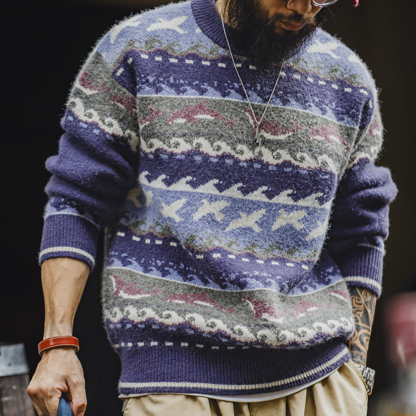 马登工装美式复古费尔岛毛衣圆领套头加厚宽松保暖外穿针织衫男冬