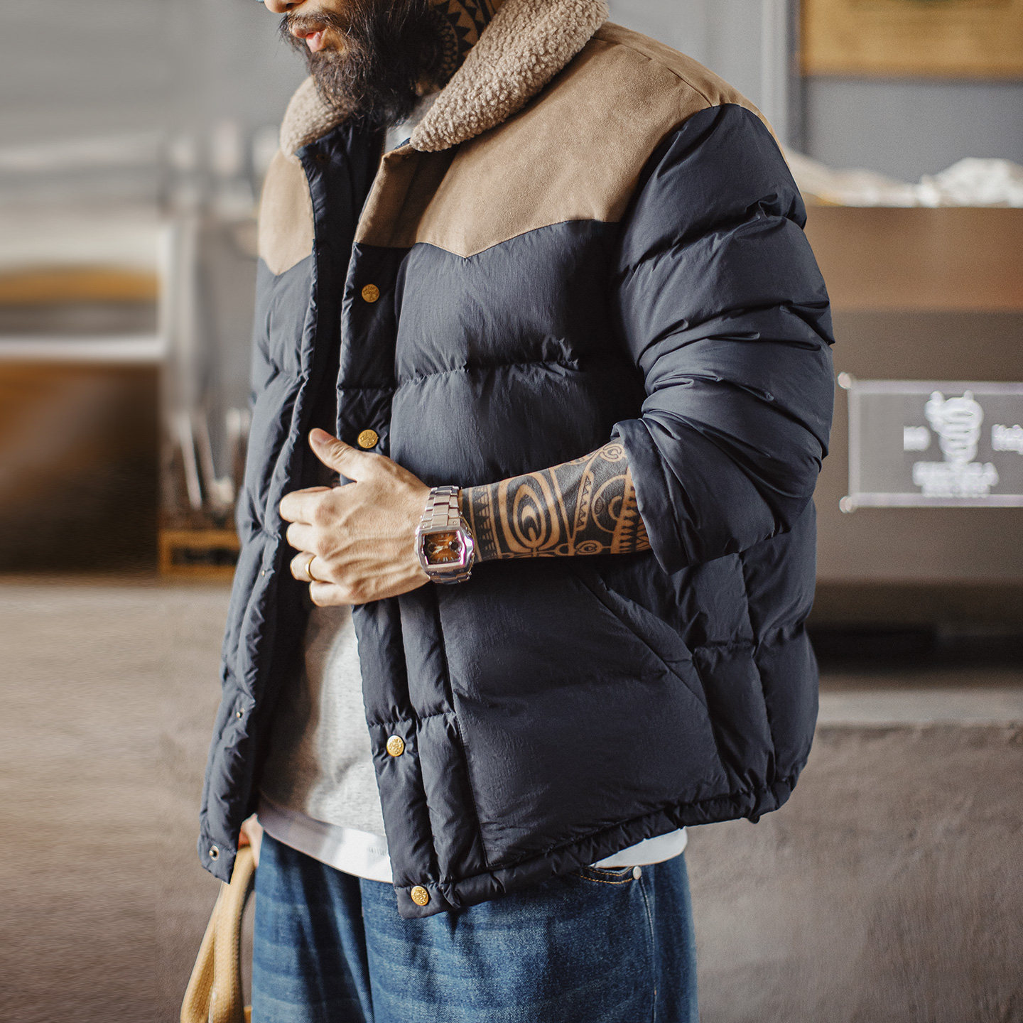 马登工装美式复古撞色绒领90白鸭绒羽绒服翻领保暖夹克外套男秋冬