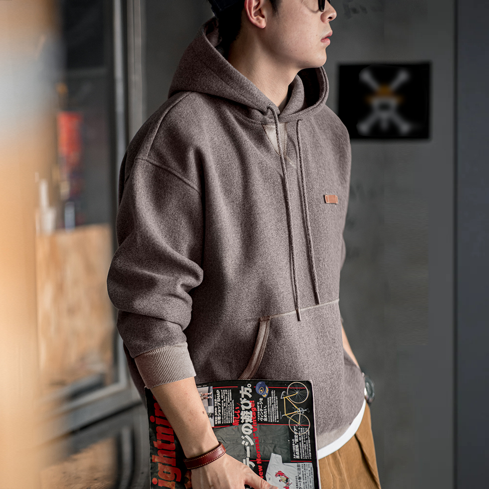 马登工装美式复古毛呢连帽卫衣