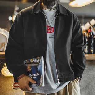 马登工装美式教练夹克翻领痞帅硬挺重磅短款黑色廓形纯棉外套男春