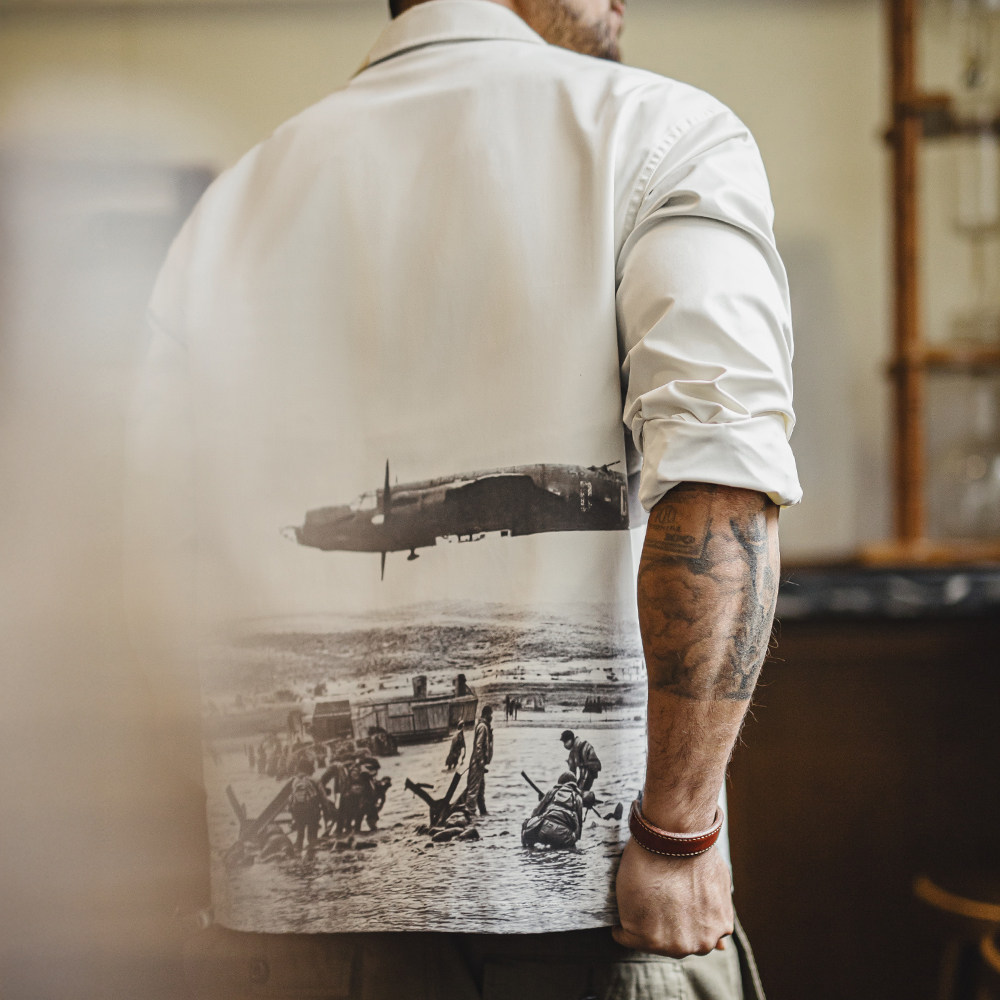 马登工装美式复古印花古巴领衬衫长袖宽松白色廓形衬衣外套男夏秋,男装,衬衫,淘宝优惠券,粉丝福利购,淘宝优惠卷