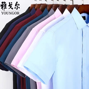 特价清仓夏季雅戈尔短袖男士商务条纹纯棉免烫纯色白衬衣工作衬衫