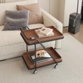 意式 极简马鞍皮小推车沙发边几角几可移动茶几客厅卧室带轮置物架