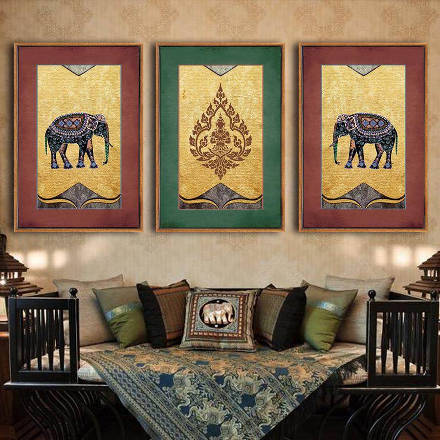 东南亚泰式风格大象客厅禅意三联画瑜伽馆教室装饰画美容会所挂画