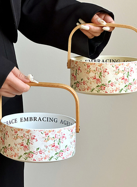 中古风繁花水果盘家用客厅茶几陶瓷手提篮干果盘零食摆放盘伴手礼