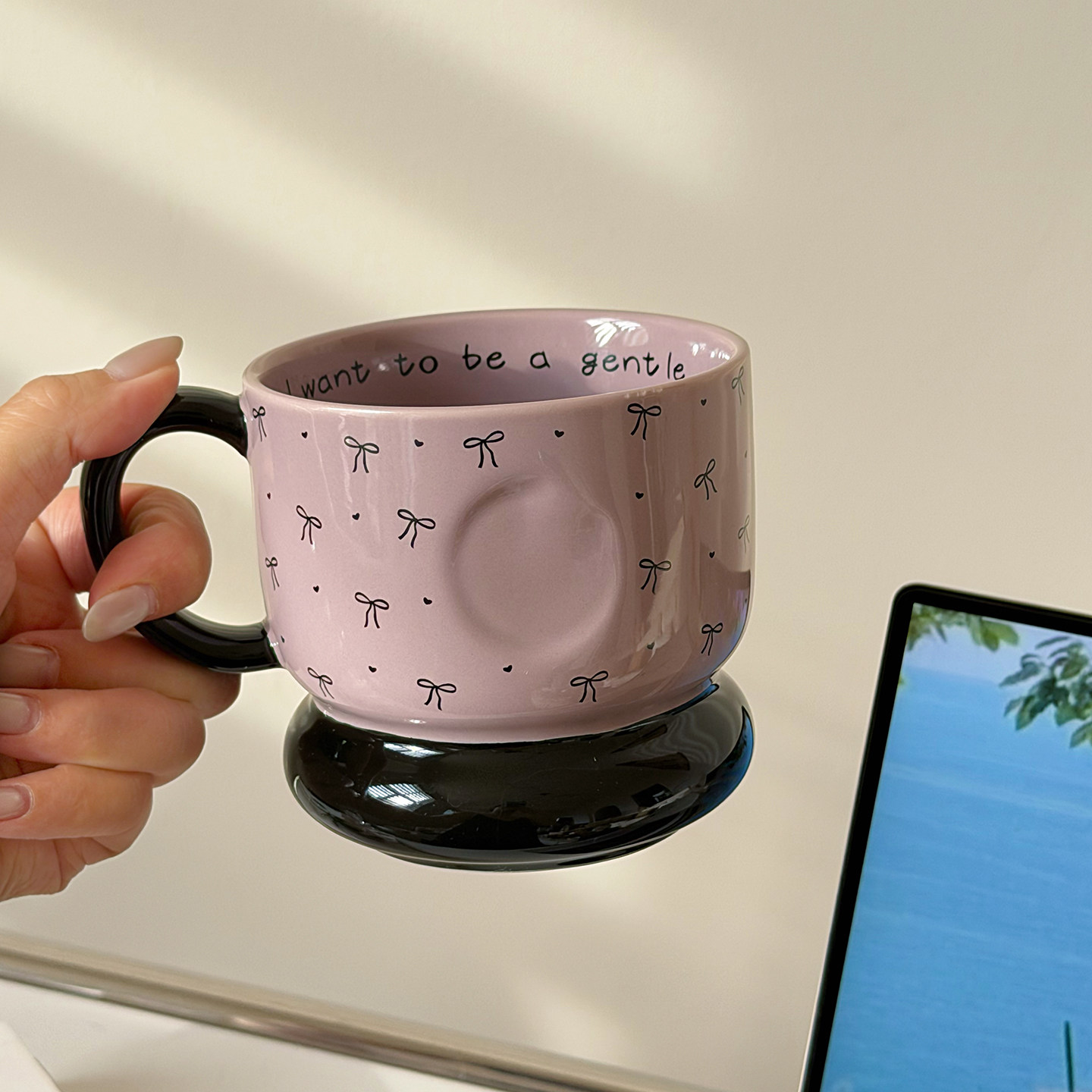 香芋紫蝴蝶结陶瓷马克杯高级感水杯创意牛奶杯ins风茶杯生日礼物