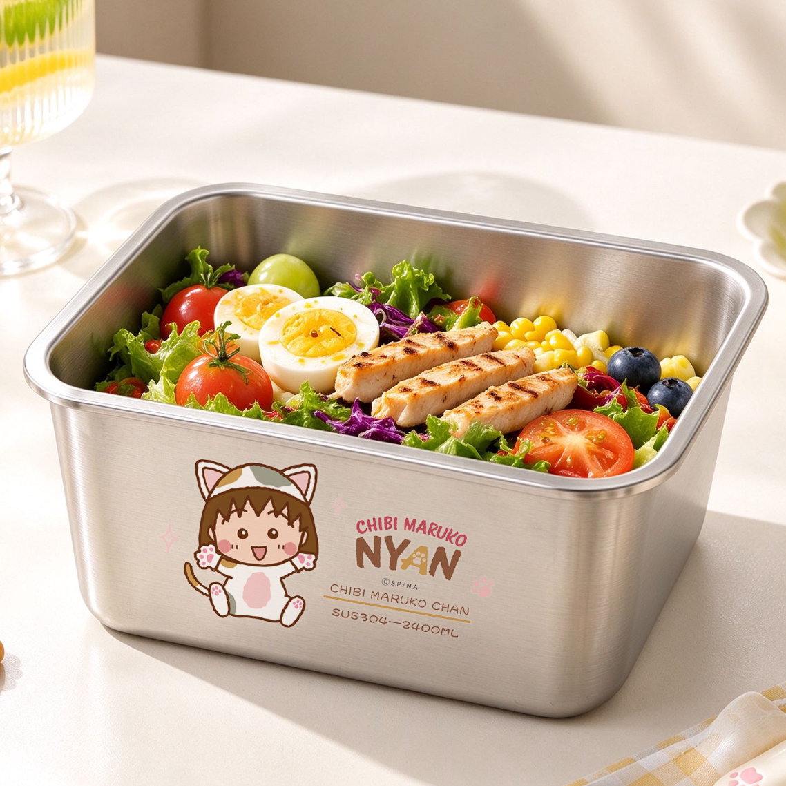 樱桃小丸子2400ml不锈钢304饭盒水果便当盒儿童餐具套装食品级