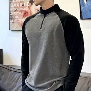 长袖 休闲健身立领上衣训练服 T恤男秋冬拼色德绒保暖半拉链打底衫