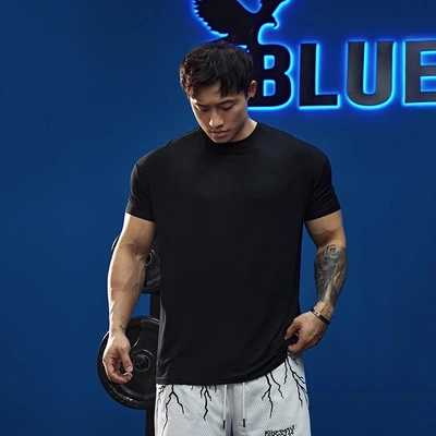 美式纯色收袖口健身短袖t恤男轻薄夏季肌肉训练修身显壮运动上衣