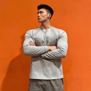 上衣男 T恤男休闲撸铁新款 秋冬重磅潮牌美式 解构拼接显壮健身长袖