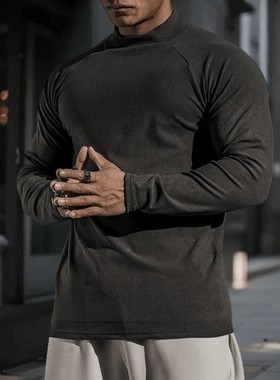 美式秋冬半高领修身长袖男保暖显大秋冬运动健身打底双面德绒t恤