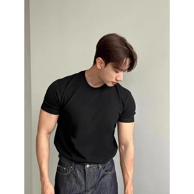 白色230g收袖口t恤男重磅显肌肉打底短袖小领口半袖