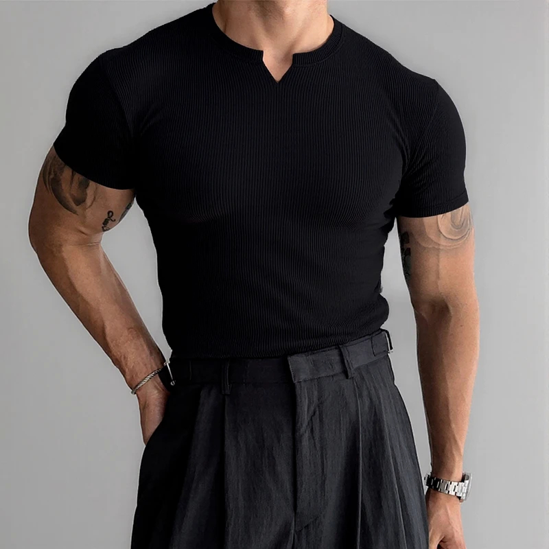 新款重磅V领280g精梳肌理修身健身衣遮肉大码短袖T恤衫透气男士T