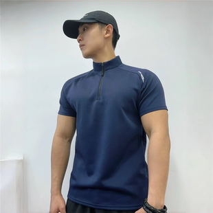 克隆棉半拉链拼接短袖肌肉男士篮球兄弟训练圆领运动健身衣男