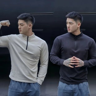 潮 休闲百搭280克双面绒保暖T恤打底衫 秋冬男士 立领半拉链运动长袖