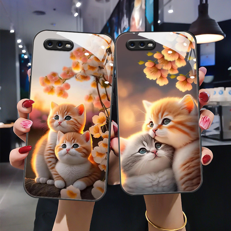 时尚卡通猫咪钢化玻璃手机壳