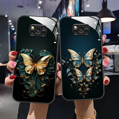 适用于小米POCOX3/POCOX3NFC+手机壳pocom3/m4/f2pro/x2新款玻璃壳xm超薄时尚女款pcoc创意高级感xiaom蝶恋花