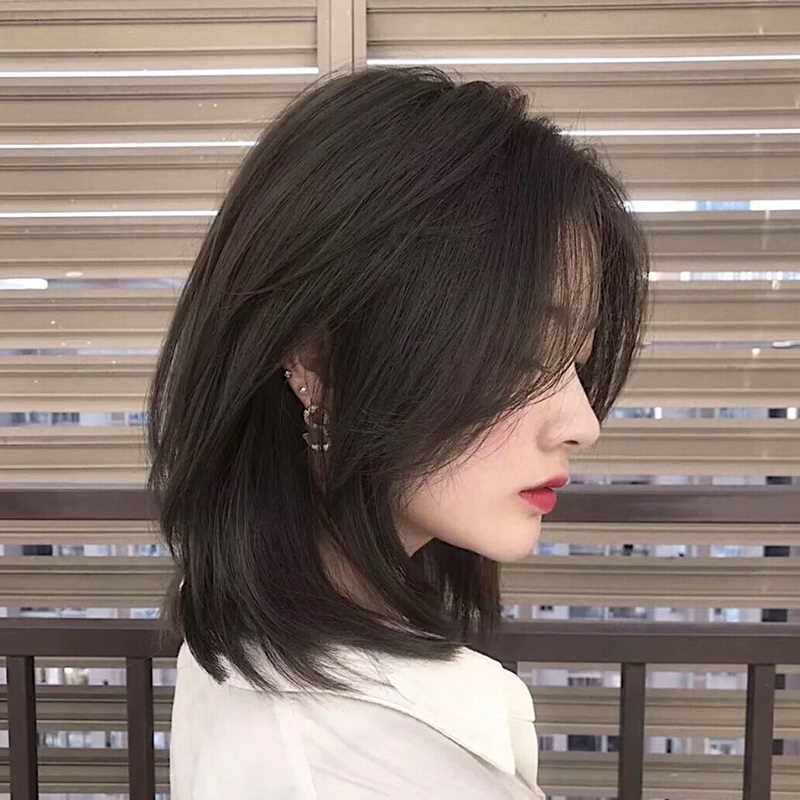 高档假发真发全真人发丝女自然中长狼尾全头套式锁骨发型鲻鱼头假