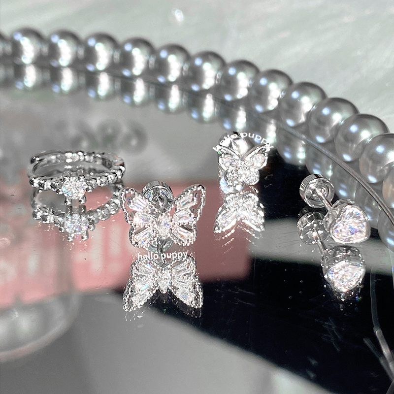 hellopuppy月光与蝶 叠戴蝴蝶耳骨钉闪闪钛钢耳钉耳蜗钉4件套小众