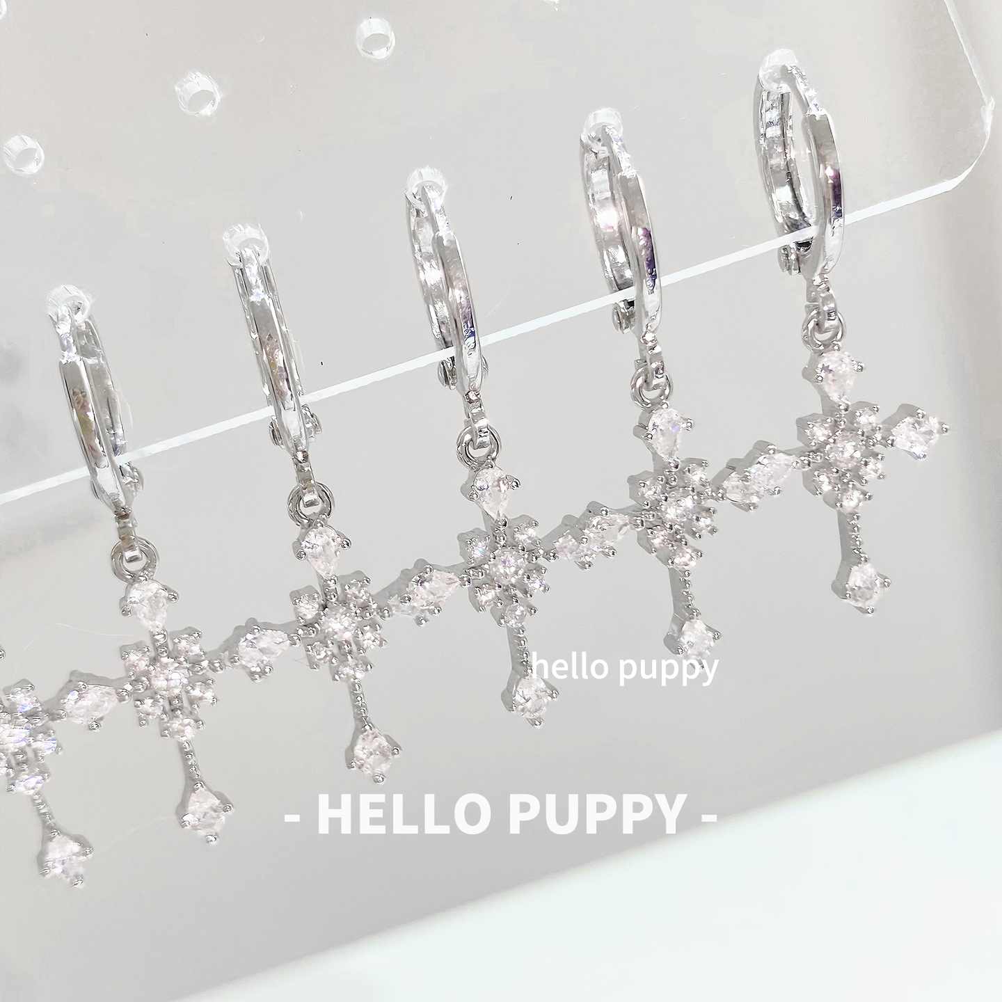 hellopuppy冷淡风十字架锆石耳扣耳圈满钻爆闪吊坠甜酷风耳环耳饰