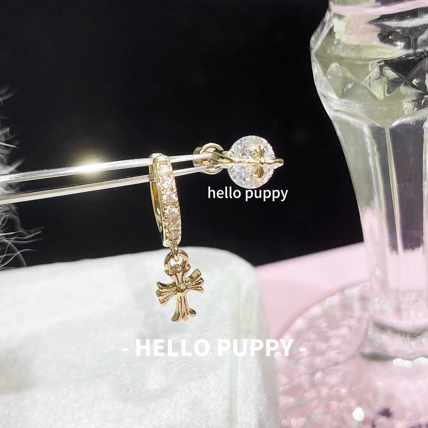 hellopuppy咖啡金碎钻钛钢十字架吊坠耳扣耳骨钉耳钉日常百搭耳圈