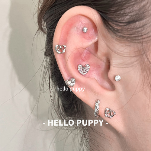 hellopuppy甜美碱水结爱心耳钉钛合金耳饰0.9牙1.0/1.2粗耳骨钉