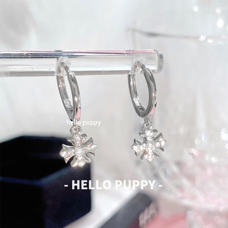 hellopuppy复古巴洛克十字架吊坠耳扣重工爆闪双耳洞叠戴百搭耳圈