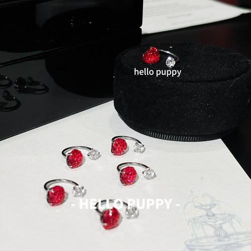 hellopuppy红色爱心F136钛合金耳钉马蹄环闪钻心形精致耳骨钉耳饰