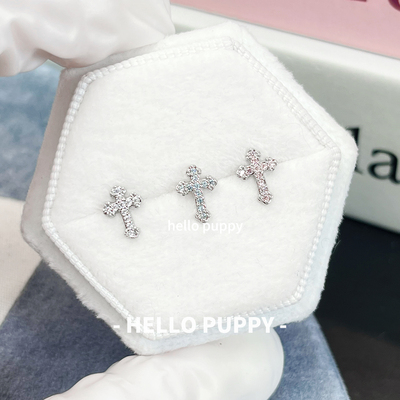 hellopuppy百搭钛钢十字架闪闪甜美耳钉0.8/1.2mm粗mini睡觉免摘