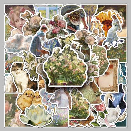 50张复古油画贴纸卡通西方创意艺术涂鸦手账行李箱笔记本电脑贴纸