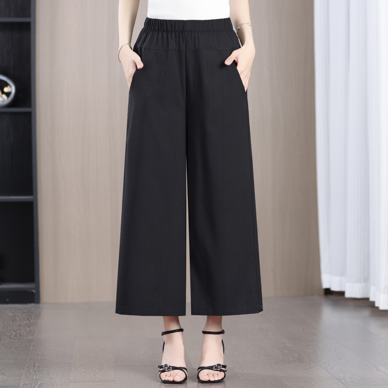 新款夏季薄款九分阔腿裤中老年人女裤妈妈夏装宽松休闲纯色高腰裤