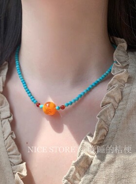 五折清仓「橘黄时」新中式复古仿蜜蜡绿松玛瑙项链民族颈链