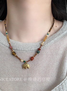 晚睡的桔梗「粉雾动物园」天然石中古小象新中式项链百搭毛衣链