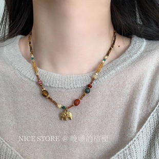 晚睡的桔梗「粉雾动物园」天然石中古小象新中式项链百搭毛衣链