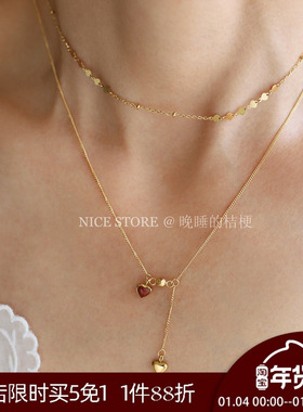 晚睡的桔梗「缱绻低语」酒红爱心流苏叠戴项链女2025新款锁骨链