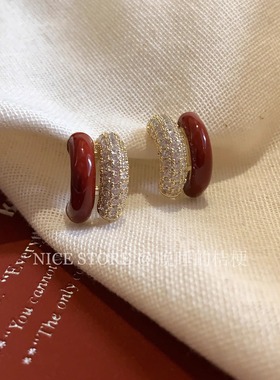 晚睡的桔梗「宴年」新年秋冬复古红色滴釉耳环几何爱心通勤耳饰