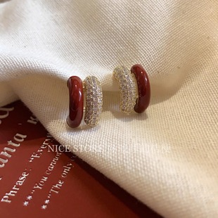 晚睡的桔梗「宴年」新年秋冬复古红色滴釉耳环几何爱心通勤耳饰