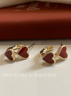 晚睡的桔梗「如岁」新年秋冬复古红色滴釉耳环几何爱心通勤耳饰