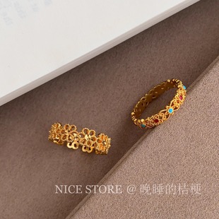 晚睡的桔梗「厝金」气质复古优雅花朵花丝戒指精致叠戴食指戒女